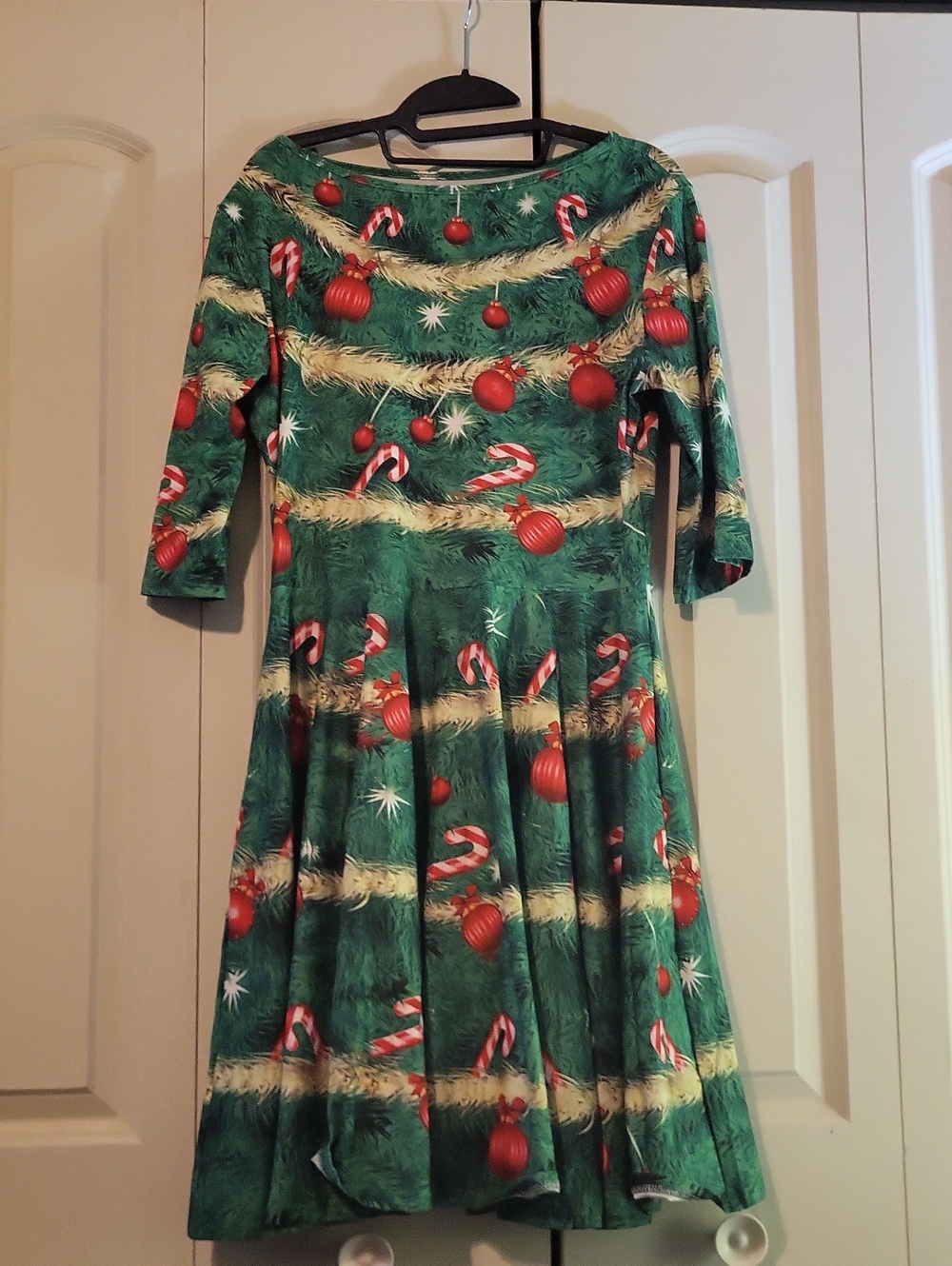 Green Holiday Candy Cane & Ornament Swing Dress